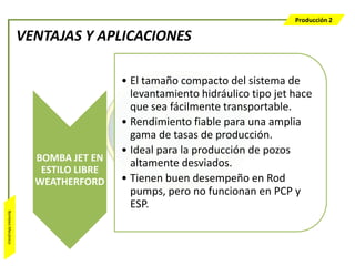 Producción 2

                  VENTAJAS Y APLICACIONES

                                    • El tamaño compacto del sistema de
                                      levantamiento hidráulico tipo jet hace
                                      que sea fácilmente transportable.
                                    • Rendimiento fiable para una amplia
                                      gama de tasas de producción.
                                    • Ideal para la producción de pozos
                    BOMBA JET EN      altamente desviados.
                     ESTILO LIBRE
                    WEATHERFORD     • Tienen buen desempeño en Rod
                                      pumps, pero no funcionan en PCP y
                                      ESP.
Bombeo Mecánico
 