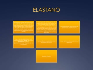 ELASTANO
El elastano puede alcanzar hasta
entre 4 y 7 veces su longitud
original y recuperarla en cuanto se
deja de ejercer la fuerza tensora.
Por ello, las fibras de elastano
cuentan con la mayor curva de
elasticidad de todas las materias
textiles.
Comparado con la goma, el
elastano no es sólo más resistente,
sino también más duradero y
presenta una elasticidad entre 2 y
3 veces superior con sólo un 1/3 de
la fuerza necesaria para estirar la
goma. En EE.UU. y también en Asia,
el elastano se denomina también
Spandex.
La base para la fabricación del
elastano es el poliuretano.
Las marcas de elastano más
importantes son: Lycra® de Invista.
Dorlastan® de Bayer
(predominante en el sector de las
corsetería).
Extraordinaria capacidad para
recuperar su forma.
No se deforma (no cede) con el
desgaste.
Secado rápido.
 