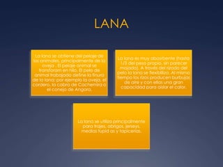LANA
La lana se obtiene del pelaje de
los animales, principalmente de la
oveja . El pelaje animal se
transforam en hilo. El pelo de
animal trabajado define la finura
de la lana: por ejemplo la oveja, el
cordero, la cabra de Cachemira o
el conejo de Angora.
La lana es muy abosrbente (hasta
1/3 del peso propio, sin parecer
mojado). A través del rizado del
pelo la lana se flexibliliza. Al mismo
tiempo los rizos producen burbujas
de aire y con ellas una gran
capacidad para aislar el calor.
La lana se utiliza principalmente
para trajes, abrigos, jerseys,
medias tupid as y tapicerías.
 