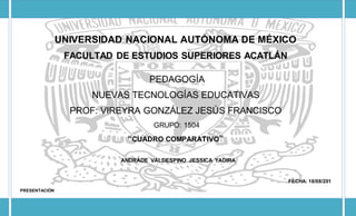 UNIVERSIDAD NACIONAL AUTÓNOMA DE MÉXICO
FACULTAD DE ESTUDIOS SUPERIORES ACATLÁN
PEDAGOGÍA
NUEVAS TECNOLOGÍAS EDUCATIVAS
PROF: VIREYRA GONZÁLEZ JESÚS FRANCISCO
GRUPO: 1504
“CUADRO COMPARATIVO”
ANDRADE VALDESPINO JESSICA YADIRA
FECHA: 18/08/201
PRESENTACIÓN
 