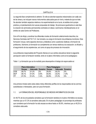 CAPÍTULO IV
-126-
La segunda fase complementa la anterior. En ella se abordan aspectos relacionados con cada una
de las áreas y se incluyen nuevos instrumentos adecuados para el nivel y materia de que se trate.
Se abordan también aspectos relativos a la experimentación en el aula, el análisis de la propia
práctica y el planteamiento de nuevas propuestas de trabajo. Se promueve igualmente en esta fase
la creación de seminarios permanentes centrados en áreas o seminarios interdisciplinares en el
ámbito de cada Centro de Profesores.
Con el fin de dirigir y coordinar los diferentes niveles de formación anteriormente descritos,los
Servicios Centrales delP.N.T.I.C. han tomado a su cargo la formación de profesores-monitores. Esta
formación incluye, tanto aspectos técnicos y didácticos como cuestiones relativas a formación de
profesores. Asimismo, la formación se complementa con temas relativos a la evaluación, la difusión y
el seguimiento de las experiencias, así como al apoyo de procesos de innovación.
Los profesores responsables del Proyecto Atenea en sus centros educativos tienen la siguiente
percepción sobre la formación recibida, tanto en el plano informático como en el pedagógico:
Tabla 1. La formación que se ha recibido para desempeñar el trabajo de responsable es:
Plano Informático Plano Pedagógico
Escasa Adecuada Excesiva Escasa Adecuada Excesiva
EGB 48,7% 51,3% 0% 59,8% 40,2% 0%
BUP 48,1% 51,0% 0,9% 64,8% 33,4% 1,8%
FP 47,3% 51,4% 1,4% 62,8% 37,2% 0%
Una primera mirada sobre estos datos indica diferentes perfiles de los responsables de los centros:
autodidactas e interesados, pero con poca formación.
1.1. LA FORMACIÓN DEL RESPONSABLE DE MEDIOS INFORMÁTICOS EN EGB
Un 48,7% de los encuestados considera que la formación recibida en el plano informático es escasa,
mientras que un 51,3% la considera adecuada. En el plano pedagógico el porcentaje de profesores
que considera que la formación ha sido escasa se eleva hasta un 59,8%, mientras que un 40,2% la
considera adecuada.
 