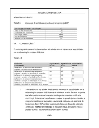 INVESTIGACIÓN EVALUATIVA
-143-
actividades con ordenador:
Tabla 5.3. Frecuencia de actividades con ordenador en centros de BUP.
Frecuencia de actividades con ordenador %
Todos los días de la semana 4,6%
Cuatro o tres días por semana 3,1%
Dos días por semana 14,4%
Una vez por semana 23,9%
Menos de una vez por semana 54%
5.4. CORRELACIONES
El cuadro siguiente presenta los datos relativos a la relación entre la frecuencia de las actividades
con el ordenador y los procesos didácticos:
Tabla 4.1.5.
Correlación
(Chi Cuadrado)
Significatividad
en EGB
Significatividad
en FP
Significatividad
en BUP
La frecuencia de realización de actividades con
ordenador y la modificación de la metodología.
NO NO SI
La frecuencia de realización de actividades con
ordenador y la mejora en aprendizaje de contenidos.
NO NO NO
La frecuencia de realización de actividades con
ordenador y la mejora en la relación con los alumnos.
NO NO SI
La frecuencia de realización de actividades con
ordenador y la mejora en la motivación de los alumnos.
NO NO NO
La frecuencia de realización de actividades con
ordenador y el aumento de la autonomía de los alumnos.
NO NO SI
1. Salvo en BUP, no hay relación directa entre la frecuencia de las actividades con el
ordenador y los procesos didácticos que se establecen en ellas. Es decir, no parece
que la frecuencia de uso del ordenador contribuya directamente a modificar la
metodología de trabajo de los profesores, a mejorar el aprendizaje de contenidos, a
mejorar la relación con el alumnado y a aumentar la motivación y la autonomía de
los alumnos. Es en BUP donde sí parece que la frecuencia de uso del ordenador
contribuye a modificar la metodología de trabajo en el aula, a mejorar la relación
profesor-alumno y a aumentar la autonomía de los alumnos.
 