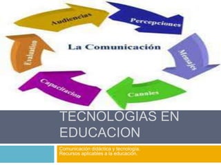 NUEVAS
TECNOLOGIAS EN
EDUCACION
Comunicación didáctica y tecnología.
Recursos aplicables a la educación.
 