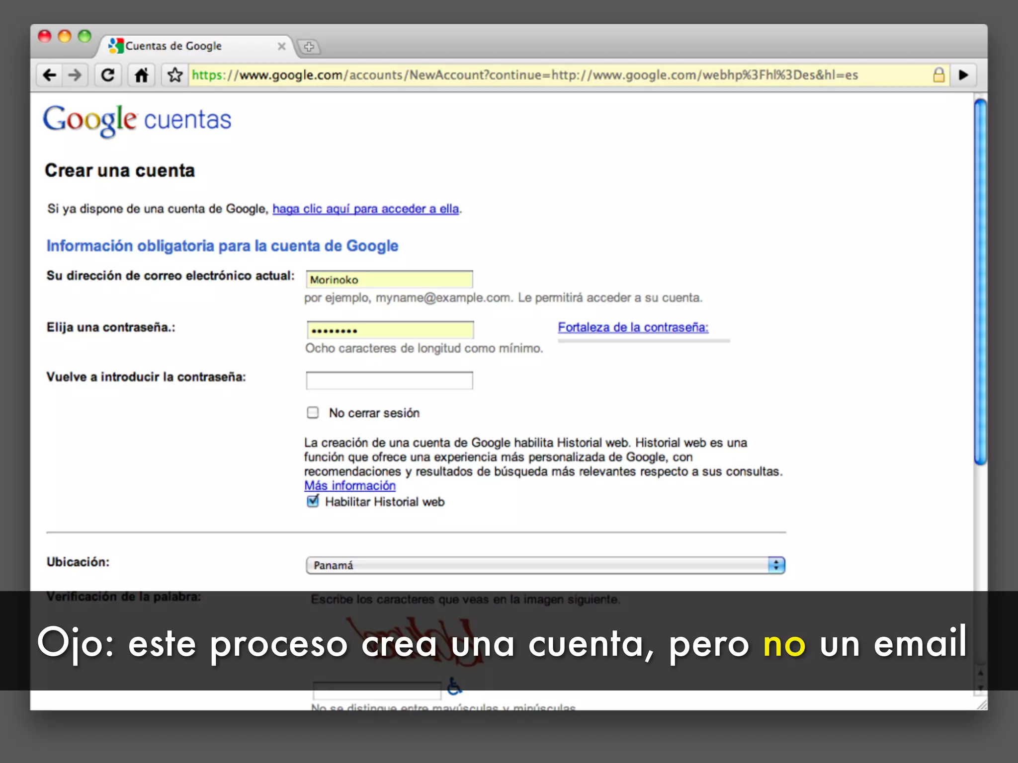 Ojo: este proceso crea una cuenta, pero no un email
 