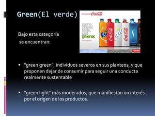 Green(El verde)Bajo esta categoría se encuentran:"greengreen", individuos severos en sus planteos, y que proponen dejar de consumir para seguir una conducta realmente sustentable"green light" más moderados, que manifiestan un interés por el origen de los productos.