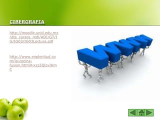 CIBERGRAFIA
http://moodle.unid.edu.mx
/dts_cursos_mdl/ADI/GT/I
G/IG03/IG03Lectura.pdf
http://www.enplenitud.co
m/la-cocina-
fusion.html#ixzz2QlzvIKm
C
 