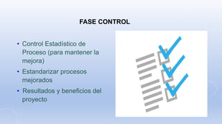 FASE CONTROL
• Control Estadístico de
Proceso (para mantener la
mejora)
• Estandarizar procesos
mejorados
• Resultados y beneficios del
proyecto
 