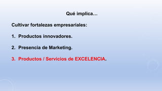 Qué implica…
Cultivar fortalezas empresariales:
1. Productos innovadores.
2. Presencia de Marketing.
3. Productos / Servicios de EXCELENCIA.
 