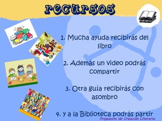 Propuesta de Creación Literaria 1. Mucha ayuda recibirás del libro 2. Además un video podrás compartir 3. Otra guía recibirás con asombro 4. y a la Biblioteca podrás partir RECURSOS 