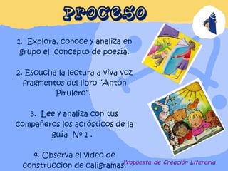 Propuesta de Creación Literaria 1.  Explora, conoce y analiza en grupo el  concepto de poesía. 2. Escucha la lectura a viva voz fragmentos del libro “Antón Pirulero”.  3.  Lee y analiza con tus compañeros los acrósticos de la guía  Nº 1 .    4. Observa el video de construcción de caligramas. PROCESO 