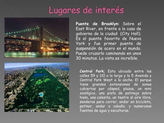 Puente de Brooklyn : Sobre el East River, en frente a la casa de gobierno de la ciudad  (City Hall). Es el puente favorito de Nueva York y fue primer puente de suspensión de acero en el mundo. Puede cruzarlo caminando en unos 30 minutos. La vista es increíble. Central Park :  Esta ubicado entre las calles 59 y 110 a lo largo y la 5 Avenida y Central Park West a lo ancho. El parque tiene grandes extensiones de zonas cubiertas por césped, plazas, un mini zoológico, una pista de patinaje sobre hielo, una calesita, un teatro al aire libre, senderos para correr, andar en bicicleta, patinar, andar a caballo, y numerosas fuentes de agua y esculturas. 