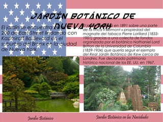 Jardín Botánico de
Nueva YorkEl jardín se encuentra en el nº
200 de East Street lindando con
Kazimiroff Boulevard en el
suburbio del Bronx en la ciudad
de Nueva York.
El jardín se fundó en 1891 sobre una parte
de la finca « Belmont » propiedad del   
magnate del tabaco Pierre Lorillard (1833-
1901) gracias a una colecta de fondos
organizada por el botánico Nathaniel Lord
Britton de la Universidad de Columbia
(1859-1934) que quería seguir el ejemplo
del Real Jardín Botánico de Kew cerca de
Londres. Fue declarada patrimonio
histórico nacional de los EE. UU. en 1967.
Jardín Botánico Jardín Botánico en las Navidades
 