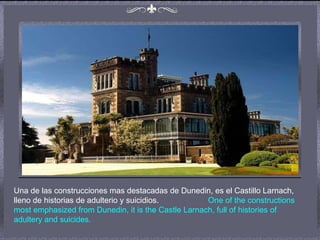 Una de las construcciones mas destacadas de Dunedin, es el Castillo Larnach, lleno de historias de adulterio y suicidios.  One of the constructions most emphasized from Dunedin, it is the Castle Larnach, full of histories of adultery and suicides.   