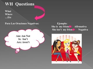 WH Questions
What
Where
…Etc

Para Las Oraciones Negativas:        Ejemplo:
                                She is my friend    Afirmativa
                                She isn’t my friend    Negativa
 
