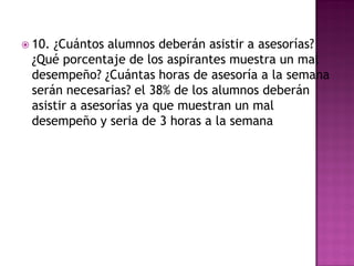  10. ¿Cuántos alumnos deberán asistir a asesorías?
¿Qué porcentaje de los aspirantes muestra un mal
desempeño? ¿Cuántas horas de asesoría a la semana
serán necesarias? el 38% de los alumnos deberán
asistir a asesorías ya que muestran un mal
desempeño y seria de 3 horas a la semana
 