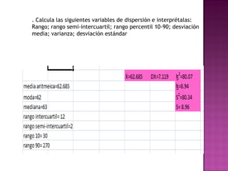 . Calcula las siguientes variables de dispersión e interprétalas:
Rango; rango semi-intercuartil; rango percentil 10-90; desviación
media; varianza; desviación estándar
 