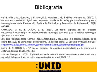 Bibliografía
Cela-Ranilla, J. M., González, V. E., Mon, F. E., Martínez, J. G., & Gisbert-Cervera, M. (2017). El
docente en la sociedad digital: una propuesta basada en la pedagogía transformativa y en la
tecnología avanzada. Profesorado. Revista de Currículum y Formación de Profesorado, 21(1),
403-422.
CAMARGO, M. R., & CAÑÓN, E. B. (2013). Las redes digitales en los procesos
educativos. Asociación para el desarrollo de la Tecnología Educativa y de las Nuevas Tecnologías
aplicadas a la educación.
José Luis Rodríguez Illera (Comp.). (2013). Aprendizaje y educación en la sociedad digital. 23 de
enero del 2021, de Universidad de Barcelona, I. Sociedad digital. 2. Educación virtual Sitio web:
http://www.psyed.edu.es/archivos/grintie/AprendizajeEducacionSociedadDigital.pdf
Colina, L. C. (2008). Las TIC en los procesos de enseñanza-aprendizaje en la educación a
distancia. Laurus, 14(28), 295-314.
Sánchez Tarragó, N. (2005). El profesional de la información en los contextos educativos de la
sociedad del aprendizaje: espacios y competencias. Acimed, 13(2), 1-1.
 