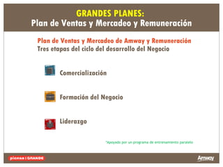 Plan de Ventas y Mercadeo de Amway y Remuneración Tres etapas del ciclo del desarrollo del Negocio   Comercialización Formación del Negocio Liderazgo *Apoyado por un programa de entrenamiento paralelo GRANDES PLANES:  Plan de Ventas y Mercadeo y Remuneración 