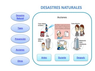 Desastre
Natural              Acciones



  Tipos



Prevención



Acciones


             Antes   Durante    Después
  Otros
 