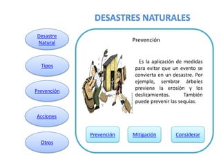 Desastre
Natural                   Prevención


                             Es la aplicación de medidas
  Tipos                    para evitar que un evento se
                           convierta en un desastre. Por
                           ejemplo, sembrar árboles
                           previene la erosión y los
Prevención
                           deslizamientos.       También
                           puede prevenir las sequías.

Acciones


             Prevención   Mitigación        Considerar
  Otros
 