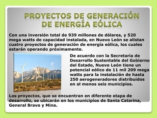 Con una inversión total de 939 millones de dólares, y 520
mega watts de capacidad instalada, en Nuevo León se alistan
cuatro proyectos de generación de energía eólica, los cuales
estarán operando próximamente.
De acuerdo con la Secretaría de
Desarrollo Sustentable del Gobierno
del Estado, Nuevo León tiene un
potencial eólico de 11 mil 209 mega
watts para la instalación de hasta
250 aerogeneradores distribuidos
en al menos seis municipios.
Los proyectos, que se encuentran en diferente etapa de
desarrollo, se ubicarán en los municipios de Santa Catarina,
General Bravo y Mina.
 