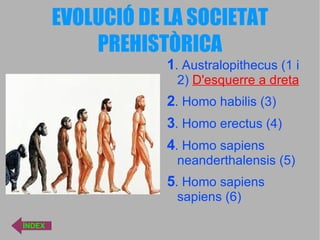 EVOLUCIÓ DE LA SOCIETAT PREHISTÒRICA 1 . Australopithecus (1 i 2)  D'esquerre a dreta 2 . Homo habilis (3) 3 . Homo erectus (4) 4 . Homo sapiens neanderthalensis (5) 5 . Homo sapiens sapiens (6) ÍNDEX 