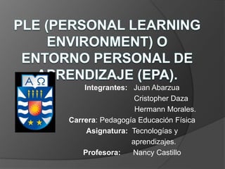 Integrantes: Juan Abarzua
Cristopher Daza
Hermann Morales.
Carrera: Pedagogía Educación Física
Asignatura: Tecnologías y
aprendizajes.
Profesora: Nancy Castillo
 