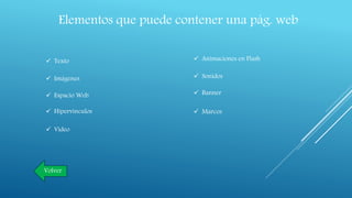 Elementos que puede contener una pág. web
 Texto
 Imágenes
 Espacio Web
 Hipervínculos
 Video
 Animaciones en Flash
 Sonidos
 Banner
 Marcos
Volver
 