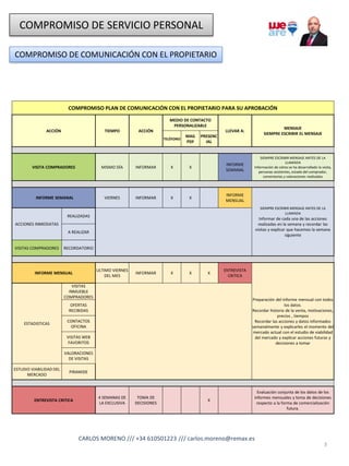 COMPROMISO DE SERVICIO PERSONAL
COMPROMISO DE COMUNICACIÓN CON EL PROPIETARIO
3
COMPROMISO PLAN DE COMUNICACIÓN CON EL PROPIETARIO PARA SU APROBACIÓN
ACCIÓN TIEMPO ACCIÓN
MEDIO DE CONTACTO
PERSONALIZABLE
LLEVAR A:
MENSAJE
SIEMPRE ESCRIBIR EL MENSAJE
TELÉFONO
MAIL
PDF
PRESENC
IAL
VISITA COMPRADORES MISMO DÍA INFORMAR X X
INFORME
SEMANAL
SIEMPRE ESCRIBIR MENSAJE ANTES DE LA
LLAMADA
Información de cómo se ha desarrollado la visita,
personas asistentes, estado del comprador,
comentarios y valoraciones realizados
INFORME SEMANAL VIERNES INFORMAR X X
INFORME
MENSUAL
SIEMPRE ESCRIBIR MENSAJE ANTES DE LA
LLAMADA
Informar de cada una de las acciones
realizadas en la semana y recordar las
visitas y explicar que hacemos la semana
siguiente
ACCIONES INMEDIATAS
REALIZADAS
A REALIZAR
VISITAS COMPRADORES RECORDATORIO
INFORME MENSUAL
ULTIMO VIERNES
DEL MES
INFORMAR X X X
ENTREVISTA
CRITICA
Preparación del informe mensual con todos
los datos.
Recordar historia de la venta, motivaciones,
precios , tiempos
Recordar las acciones y datos informados
semanalmente y explicarles el momento del
mercado actual con el estudio de viabilidad
del mercado y explicar acciones futuras y
decisiones a tomar
ESTADISTICAS
VISITAS
INMUEBLE
COMPRADORES
OFERTAS
RECIBIDAS
CONTACTOS
OFICINA
VISITAS WEB
FAVORITOS
VALORACIONES
DE VISITAS
ESTUDIO VIABILIDAD DEL
MERCADO
PIRAMIDE
ENTREVISTA CRITICA
4 SEMANAS DE
LA EXCLUSIVA
TOMA DE
DECISIONES
X
Evaluación conjunta de los datos de los
informes mensuales y toma de decisiones
respecto a la forma de comercialización
futura.
CARLOS MORENO /// +34 610501223 /// carlos.moreno@remax.es
 