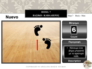 C O P Y R I G H T ® A P O L L O N D A N C E S T U D I O
BHMA 7
ΒΑΣΙΚΟ - ΚΑΒΑΛΙΕΡΟΣ Step 7 Basic - Μan
Μέτρημα
6
Περιγραφή
Description
• Κάνουμε ένα
βήμα μπροστά
με το αριστερό
πόδι.
Count
Nuevo
 