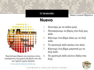 ΤΙ ΜΑΘΑΜΕ;
C O P Y R I G H T ® A P O L L O N D A N C E S T U D I O
1. Ξεκινάμε με τα πόδια μαζί.
2. Μεταφέρουμε το βάρος στο δεξί μας
πόδι.
3. Κάνουμε ένα βήμα πίσω με το δεξί
πόδι.
4. Το αριστερό πόδι πατάει στο πλάι.
5. Κάνουμε ένα βήμα μπροστά με το
δεξί πόδι.
6. Το αριστερό πόδι κλείνει δίπλα στο
δεξί.
Dance Lesson Objective
Nuevo
Περισσότερα βήματα και φιγούρες στους
αγαπημένους σας χορούς θα βρείτε στο site
των σχολών χορού Apollon
www.apollondancestudio.gr
 