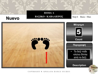 C O P Y R I G H T ® A P O L L O N D A N C E S T U D I O
BHMA 6
ΒΑΣΙΚΟ - ΚΑΒΑΛΙΕΡΟΣ Step 6 Basic - Μan
Μέτρημα
Περιγραφή
Description
• Το δεξί πόδι
κλείνει δίπλα
από το δεξί.
Count
5
Nuevo
 