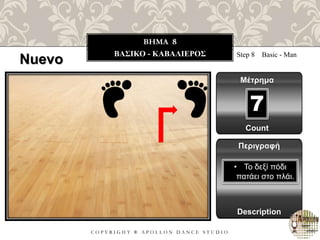 C O P Y R I G H T ® A P O L L O N D A N C E S T U D I O
BHMA 8
ΒΑΣΙΚΟ - ΚΑΒΑΛΙΕΡΟΣ Step 8 Basic - Μan
Μέτρημα
7
Περιγραφή
Description
• Το δεξί πόδι
πατάει στο πλάι.
Count
Nuevo
 