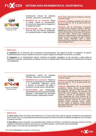 SISTEMA PARA INCREMENTAR EL VIGOR MENTAL 
Combinación natural de extractos 
herbales, vitaminas y aminoácidos. 
● Beneficios de su consumo: Disipa 
el estrés, mejora la concentración, 
incrementa la capacidad de relajación y 
la calidad del sueño. 
● Recomendable para: Personas con 
ritmo de vida muy intenso, estresadas, 
en constante tensión o sueño deficiente. 
El triptófano es un precursor de la serotonina (neurotransmisor que regula el sueño, la relajación, el placer). 
Fundamental para un buen equilibrio emocional, ayuda a regular la ansiedad, el insomnio y el estrés. 
El magnesio es un tranquilizante natural, mantiene el equilibrio energético en las neuronas y actúa sobre la 
transmisión nerviosa, manteniendo al sistema nervioso en perfecta salud. Recomendado en tratamientos anti estrés 
y anti depresión. 
Combinación natural de extractos 
herbales, vitaminas y aminoácidos. 
● Beneficios de su consumo: Mejora la 
memoria, la capacidad de concentración 
y el rendimiento intelectual, ayuda 
a eliminar la sensación de fatiga y 
mantiene la mente activa, antioxidante. 
● Recomendable para: Intelectuales, 
estudiantes y personas cuyas actividades 
laborales o personales les demanden 
máxima lucidez y desempeño mental. 
Dosis: Tome 1 stick junto con el desayuno, el lonche 
o cuando lo desee. 
Preparación: Disuelva el contenido de un stick (7.5 
g), en un vaso con 180 ml de agua hervida fría. 
Revuélvalo bien. 
Contenido: Mix de Aminoácidos (L-arginina, 
L-ornitina, Taurina, Triptófano, L-glicina, L-teanina), 
Maltodextrina, Ácido Cítrico, Mix Vitamímico (B1 
Tiamina, B2 Rivoflavina, B3 Niacina, B6 Piridoxina, 
B9 Ácido Fólico, Vitamina B12 Cobalamina, 
Vitamina C Ácido Ascórbico), Sulfato de Magnesio, 
Fosfato de Calcio (Complejo de Calcio Lácteo), 
Ácidos Grasos Esenciales (DHA y ARA), 
Saborizante Durazno Mandarina, Stevia, Colorante 
Natural GlobeBix WS 15. 
Dosis: Tome 1 stick junto con el desayuno, el lonche 
o cuando lo desee. 
Preparación: Disuelva el contenido de un stick (7.5 
g), en un vaso con 180 ml de agua hervida fría. 
Revuélvalo bien. 
Contenido: Maltodextrina, Mix de Aminoácidos 
(L-glutamina, Glicina, Taurina, Inositol, Colina), 
Mix Vitamímico (Vitamina A Retinol, B1 Tiamina, 
B2 Riboflavina, B3 Niacina, B6 Piridoxina, B9 
Ácido Fólico, B12 Cobalamina, Vitamina C Ácido 
Ascórbico, Vitamina D Colecalciferol), Ácido 
Cítrico, Saborizante Mix Frutal, Extracto de Té 
Verde (Camelia sinensis), Extracto de Acai Berry 
(Euterpe oleracea), Extracto de Camu Camu 
(Myrciaria dubia), Pirofostato Férrico, Sulfato 
de Zinc, Sulfato de Magnesio, Ácidos Grasos 
Esenciales (DHA y ARA), Stevia, Colorante Natural 
Red Carminic WS-20. 
CAJA DE 30 SOBRES. 
Sobres de 7.5 gr. 
* Sabías qué... 
CAJA DE 30 SOBRES. 
Sobres de 7.5 gr. 
* Sabías qué... 
El camu camu ofrece 30 veces más vitamina C y 10 veces más hierro que la naranja, brindando una protección 
extra contra virus y su capacidad antioxidante atraviesa la barrera hemato-encefálica protegiendo así el cerebro 
y sistema nervioso. 
El Acai Berry reduce el estrés y la ansiedad (baja niveles de cortisol), incr ementa la energía corporal y brinda 
vitalidad y fortalece el sistema nervioso por sus ácidos grasos , conveniente para estudiantes, 
gente mayor o con alta de concentración mental. 
* Vea también Activamente en la página de combinaciones 
 