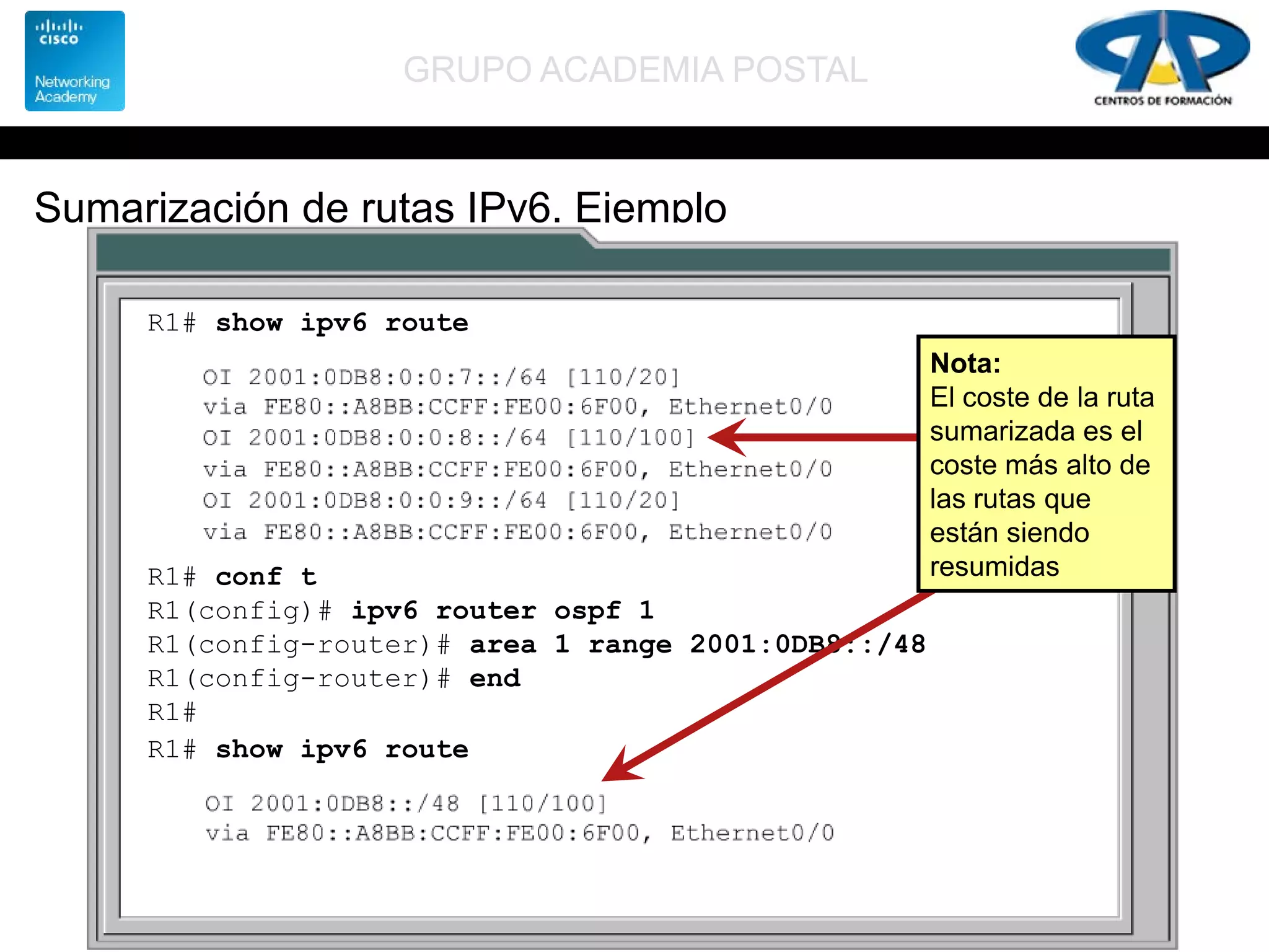 GRUPO ACADEMIA POSTAL
Sumarización de rutas IPv6. Ejemplo
R1# show ipv6 route
R1# conf t
R1(config)# ipv6 router ospf 1
R1(config-router)# area 1 range 2001:0DB8::/48
R1(config-router)# end
R1#
R1# show ipv6 route
Nota:
El coste de la ruta
sumarizada es el
coste más alto de
las rutas que
están siendo
resumidas
 