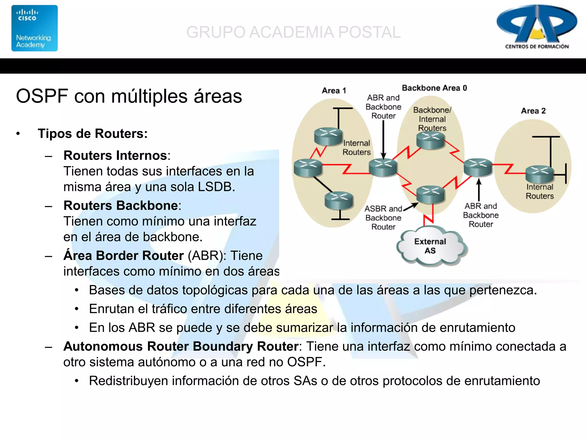 GRUPO ACADEMIA POSTAL
OSPF con múltiples áreas
• Tipos de Routers:
– Routers Internos:
Tienen todas sus interfaces en la
misma área y una sola LSDB.
– Routers Backbone:
Tienen como mínimo una interfaz
en el área de backbone.
– Área Border Router (ABR): Tiene
interfaces como mínimo en dos áreas.
• Bases de datos topológicas para cada una de las áreas a las que pertenezca.
• Enrutan el tráfico entre diferentes áreas
• En los ABR se puede y se debe sumarizar la información de enrutamiento
– Autonomous Router Boundary Router: Tiene una interfaz como mínimo conectada a
otro sistema autónomo o a una red no OSPF.
• Redistribuyen información de otros SAs o de otros protocolos de enrutamiento
 