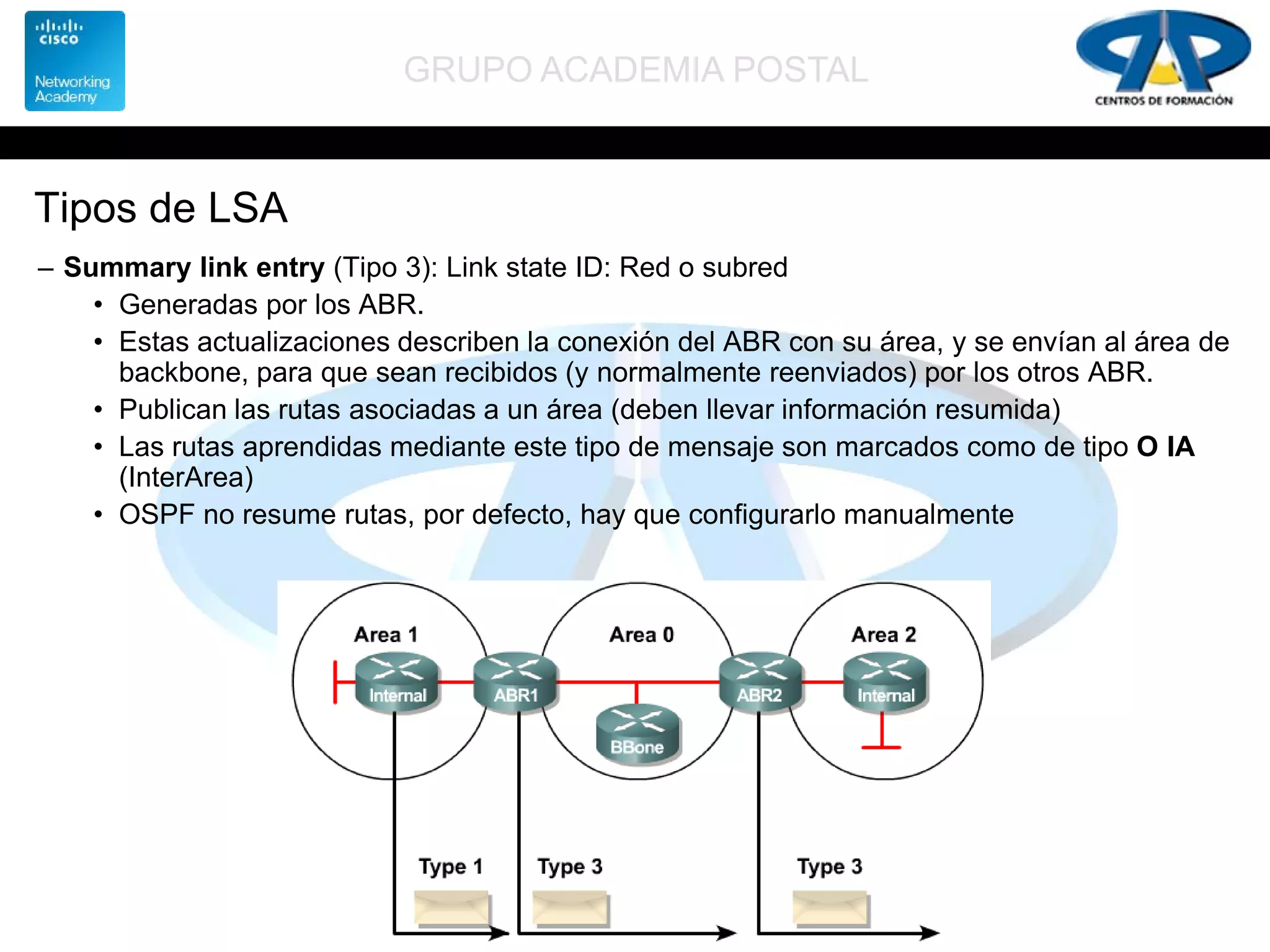 GRUPO ACADEMIA POSTAL
Tipos de LSA
– Summary link entry (Tipo 3): Link state ID: Red o subred
• Generadas por los ABR.
• Estas actualizaciones describen la conexión del ABR con su área, y se envían al área de
backbone, para que sean recibidos (y normalmente reenviados) por los otros ABR.
• Publican las rutas asociadas a un área (deben llevar información resumida)
• Las rutas aprendidas mediante este tipo de mensaje son marcados como de tipo O IA
(InterArea)
• OSPF no resume rutas, por defecto, hay que configurarlo manualmente
 