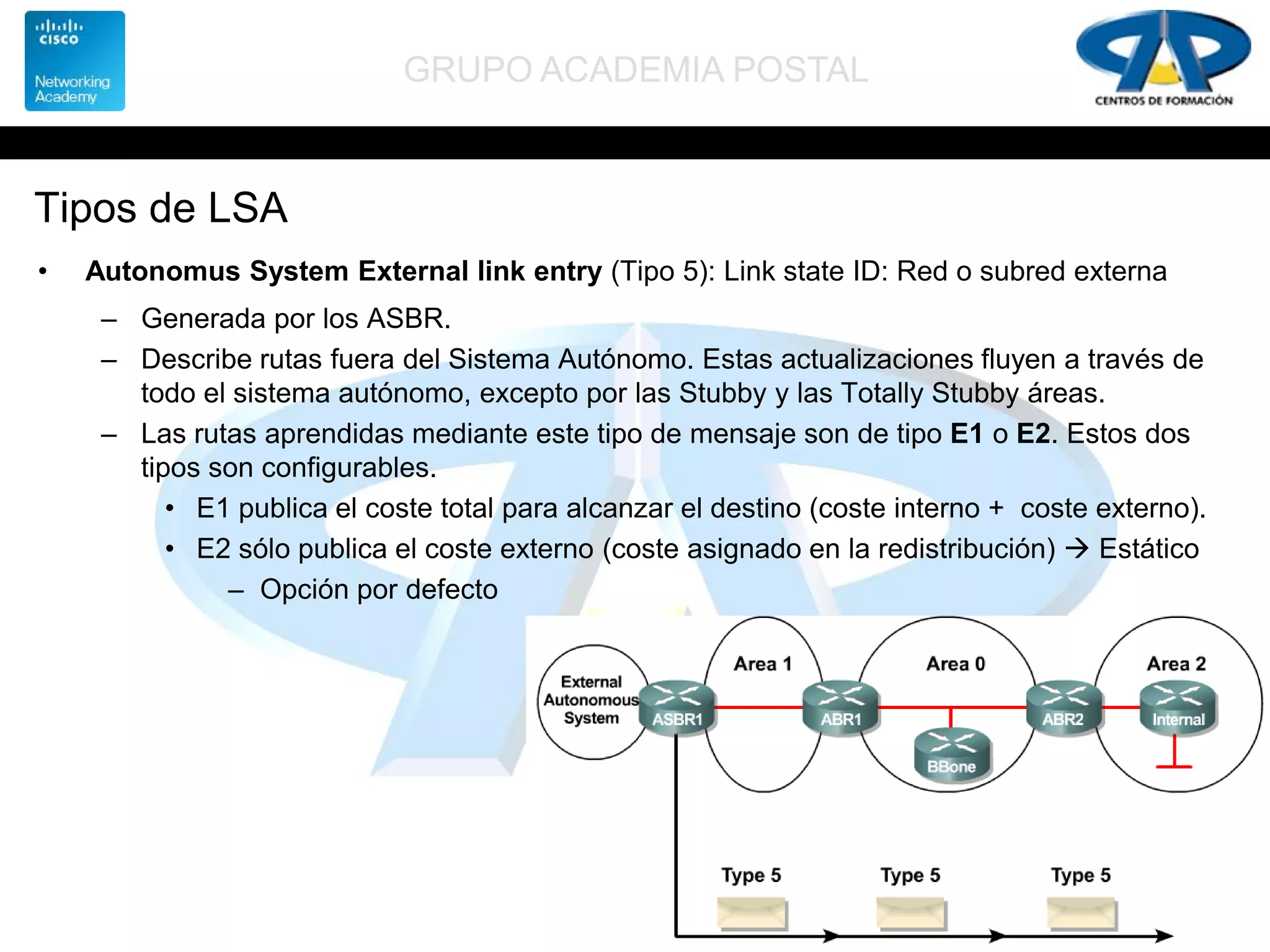 GRUPO ACADEMIA POSTAL
Tipos de LSA
• Autonomus System External link entry (Tipo 5): Link state ID: Red o subred externa
– Generada por los ASBR.
– Describe rutas fuera del Sistema Autónomo. Estas actualizaciones fluyen a través de
todo el sistema autónomo, excepto por las Stubby y las Totally Stubby áreas.
– Las rutas aprendidas mediante este tipo de mensaje son de tipo E1 o E2. Estos dos
tipos son configurables.
• E1 publica el coste total para alcanzar el destino (coste interno + coste externo).
• E2 sólo publica el coste externo (coste asignado en la redistribución)  Estático
– Opción por defecto
 