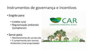 Instrumentos de governança e incentivos
• Exigido para:
• Crédito rural
• Regularização ambiental
(compliance)
• Serve para:
• Monitoramento de uso do solo
• E cumprimento com normas
Ambientais (nível propriedade)
 