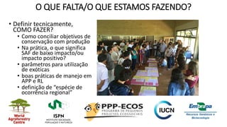 O QUE FALTA/O QUE ESTAMOS FAZENDO?
• Definir tecnicamente,
COMO FAZER?
• Como conciliar objetivos de
conservação com produção
• Na prática, o que significa
SAF de baixo impacto/ou
impacto positivo?
• parâmetros para utilização
de exóticas
• boas práticas de manejo em
APP e RL
• definição de “espécie de
ocorrência regional”
 
