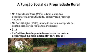 A Função Social da Propriedade Rural
• No Estatuto da Terra (1964) = bem-estar dos
proprietários, produtividade, conservação recursos
naturais
• Na Constituição (1988), a função social é cumprida de
acordo com vários requisitos, incluindo :
• (....)
• II – “utilização adequada dos recursos naturais e
preservação do meio ambiente” (art. 186 CF);
 