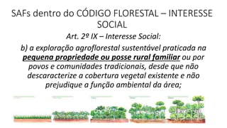 SAFs dentro do CÓDIGO FLORESTAL – INTERESSE
SOCIAL
Art. 2º IX – Interesse Social:
b) a exploração agroflorestal sustentável praticada na
pequena propriedade ou posse rural familiar ou por
povos e comunidades tradicionais, desde que não
descaracterize a cobertura vegetal existente e não
prejudique a função ambiental da área;
 
