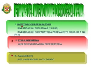 I. INVESTIGACION PREPARATORIA
  INVESTIGACION PRELIMINAR (20 DÍAS)
   INVESTIGACION PREPARATORIA PROPIAMENTE DICHA (60 A 120
DÍAS)

 II. ETAPA INTERMEDIA
   JUEZ DE INVESTIGACION PREPARATORIA




III. JUZGAMIENTO
  JUEZ UNIPERSONAL O COLEGIADO
 