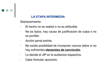 LA ETAPA INTERMEDIA
Sobreseimiento:
-   El hecho no se realizó o no es atribuible.
-   No es típico, hay causa de justificación de culpa o no
    es punible.
-   Acción penal extinta.
-   No existe posibilidad de incorporar nuevos datos si no
    hay suficientes elementos de convicción.
-   Lo decide el JIP en la audiencia respectiva.
-   Cabe formular oposición.
 