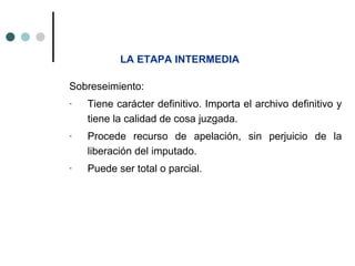 LA ETAPA INTERMEDIA

Sobreseimiento:
-   Tiene carácter definitivo. Importa el archivo definitivo y
    tiene la calidad de cosa juzgada.
-   Procede recurso de apelación, sin perjuicio de la
    liberación del imputado.
-   Puede ser total o parcial.
 