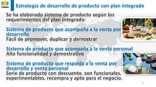Estrategia de desarrollo de producto con plan integrado
37
Se ha elaborado sistema de producto según los
requerimientos del plan integrado:
Sistema de producto que acompaña a la venta por
desarrollo
Fácil de promover, duplicar y demostrar
Sistema de producto que acompaña a la venta personal
Alta funcionalidad y demostrativo
Sistema de producto que respalda a la venta por
desarrollo y venta personal
Serie de producto con descuento, son funcionales,
experimentables, recompra y apto para el negocio.
 