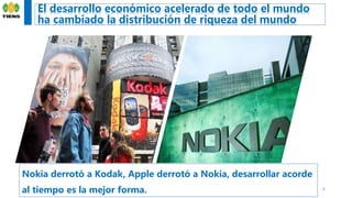 4
El desarrollo económico acelerado de todo el mundo
ha cambiado la distribución de riqueza del mundo
Nokia derrotó a Kodak, Apple derrotó a Nokia, desarrollar acorde
al tiempo es la mejor forma.
 