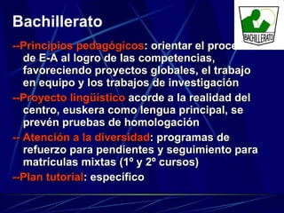 --Principios pedagógicos : orientar el proceso de E-A al logro de las competencias, favoreciendo proyectos globales, el trabajo en equipo y los trabajos de investigación --Proyecto lingüístico  acorde a la realidad del centro, euskera como lengua principal, se prevén pruebas de homologación -- Atención a la diversidad : programas de refuerzo para pendientes y seguimiento para matrículas mixtas (1º y 2º cursos) --Plan tutorial : específico Bachillerato 
