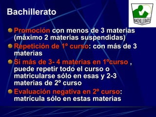 Promoción  con menos de 3 materias (máximo 2 materias suspendidas) Repetición de 1º curso : con más de 3 materias Si más de 3- 4 materias en 1ºcurso  , puede repetir todo el curso o matricularse sólo en esas y 2-3 materias de 2º curso Evaluación negativa en 2º curso : matrícula sólo en estas materias  Bachillerato 