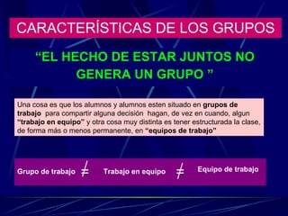 CARACTERÍSTICAS DE LOS GRUPOS “ EL HECHO DE ESTAR JUNTOS NO GENERA UN GRUPO ” Una cosa es que los alumnos y alumnos esten situado en  grupos de trabajo   para compartir alguna decisión  hagan, de vez en cuando, algun  “trabajo en equipo”  y otra cosa muy distinta es tener estructurada la clase, de forma más o menos permanente, en  “equipos de trabajo”   Grupo de trabajo Equipo de trabajo = Trabajo en equipo = 